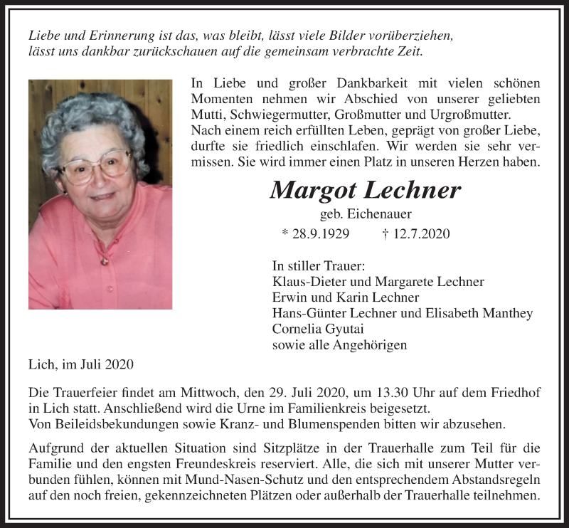  Traueranzeige für Margot Lechner vom 23.07.2020 aus Licher Wochenblatt
