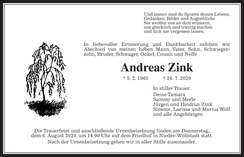  Traueranzeige für Andreas Zink vom 04.08.2020 aus Wetterauer Zeitung