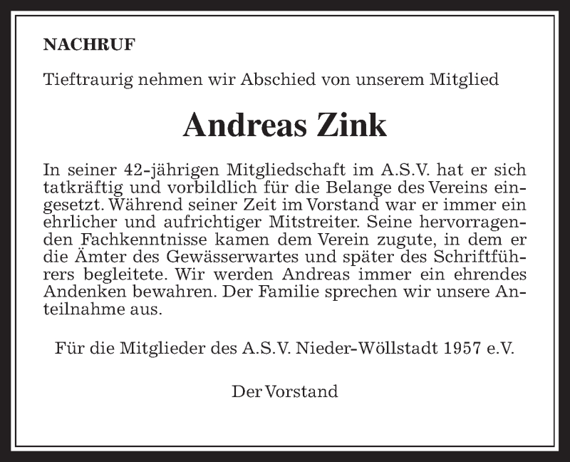  Traueranzeige für Andreas Zink vom 15.08.2020 aus Wetterauer Zeitung