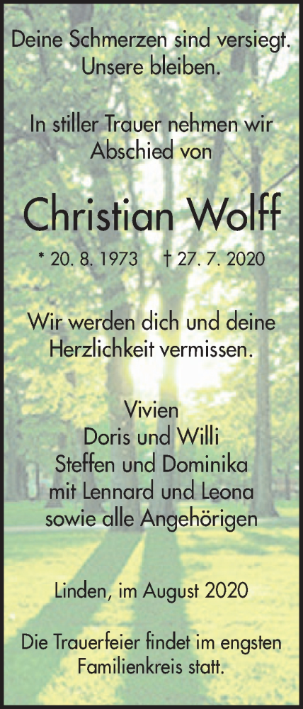  Traueranzeige für Christian Wolff vom 01.08.2020 aus Giessener Allgemeine, Alsfelder Allgemeine