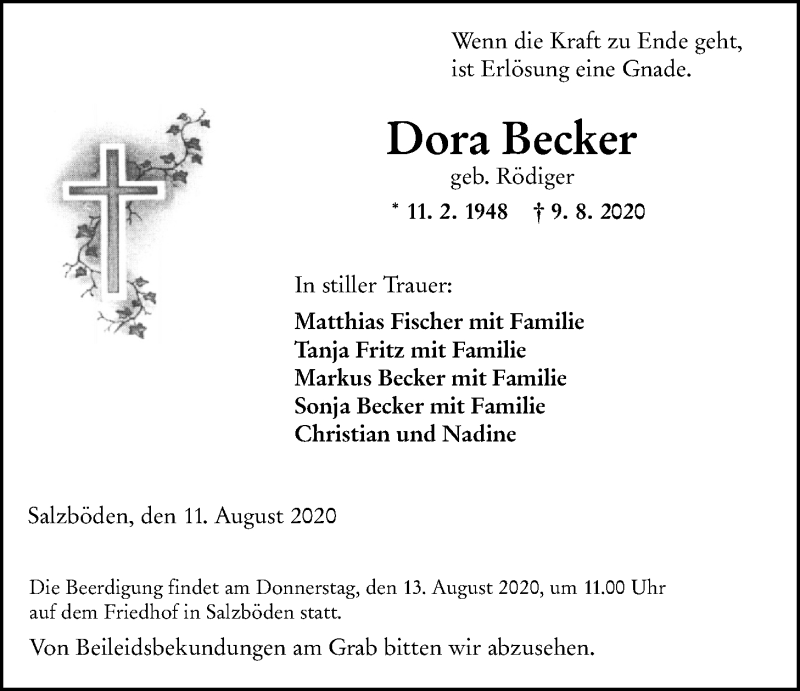  Traueranzeige für Dora Becker vom 11.08.2020 aus Giessener Allgemeine, Alsfelder Allgemeine