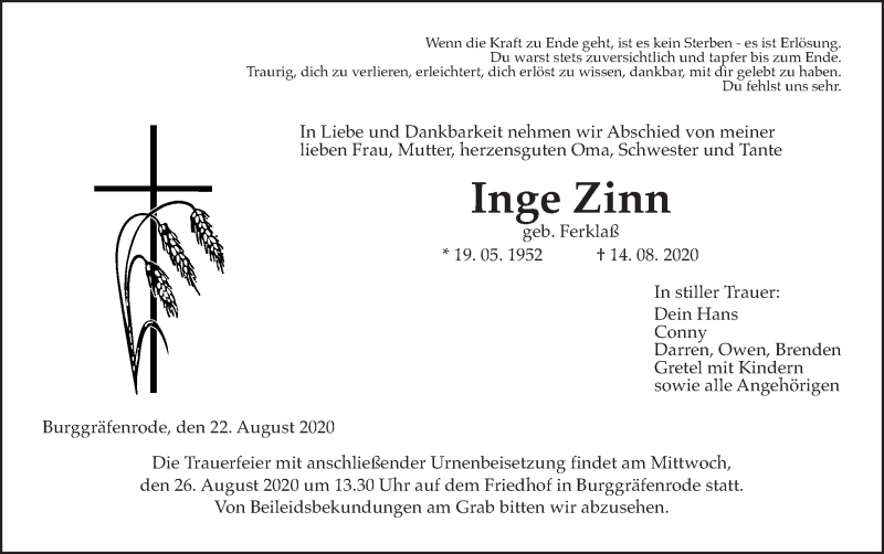  Traueranzeige für Inge Zinn vom 22.08.2020 aus Wetterauer Zeitung