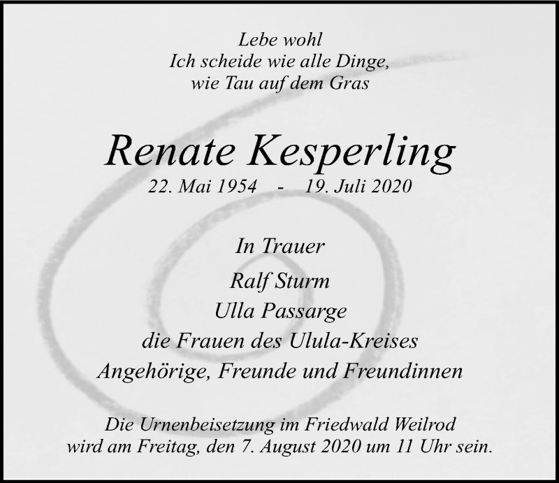  Traueranzeige für Renate Kesperling vom 01.08.2020 aus Giessener Allgemeine, Alsfelder Allgemeine