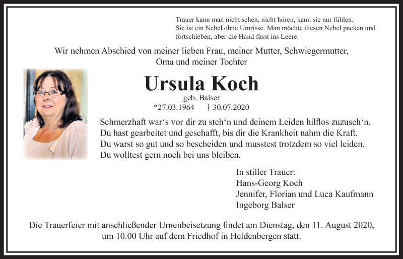  Traueranzeige für Ursula Koch vom 01.08.2020 aus Wetterauer Zeitung