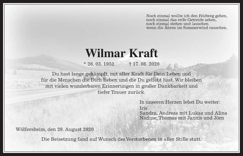  Traueranzeige für Wilmar Kraft vom 29.08.2020 aus Wetterauer Zeitung