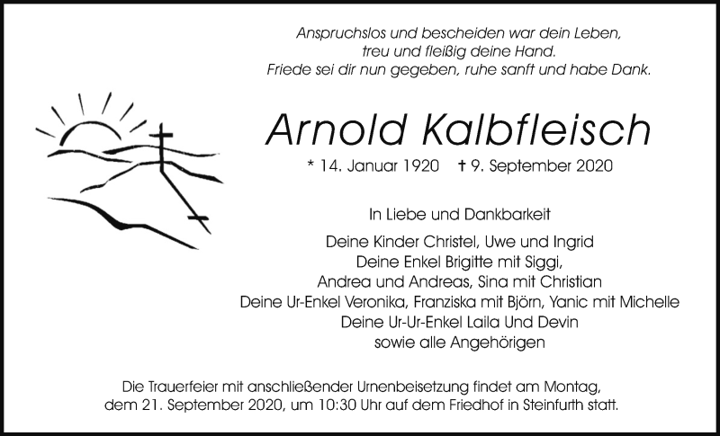  Traueranzeige für Arnold Kalbfleisch vom 19.09.2020 aus Wetterauer Zeitung