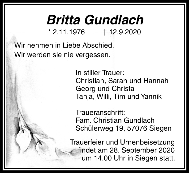  Traueranzeige für Britta Gundlach vom 17.09.2020 aus Licher Wochenblatt