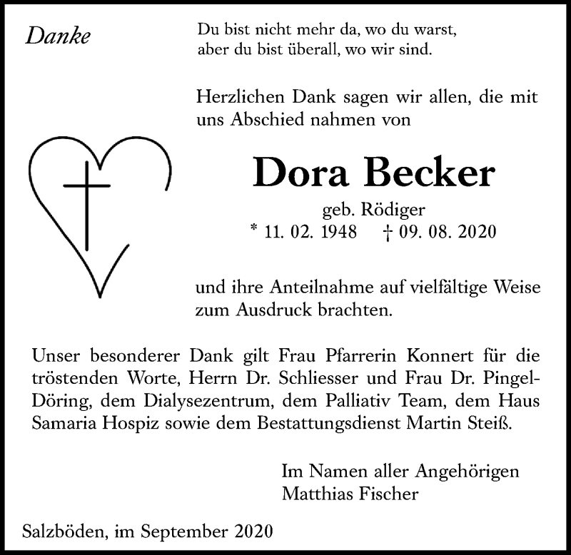  Traueranzeige für Dora Becker vom 12.09.2020 aus Giessener Allgemeine, Alsfelder Allgemeine