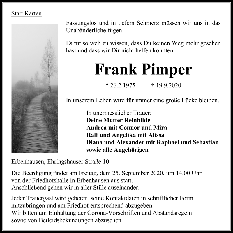  Traueranzeige für Frank Pimper vom 23.09.2020 aus Alsfelder Allgemeine