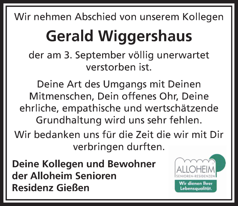 Traueranzeige für Gerald Wiggershaus vom 12.09.2020 aus Giessener Allgemeine, Alsfelder Allgemeine