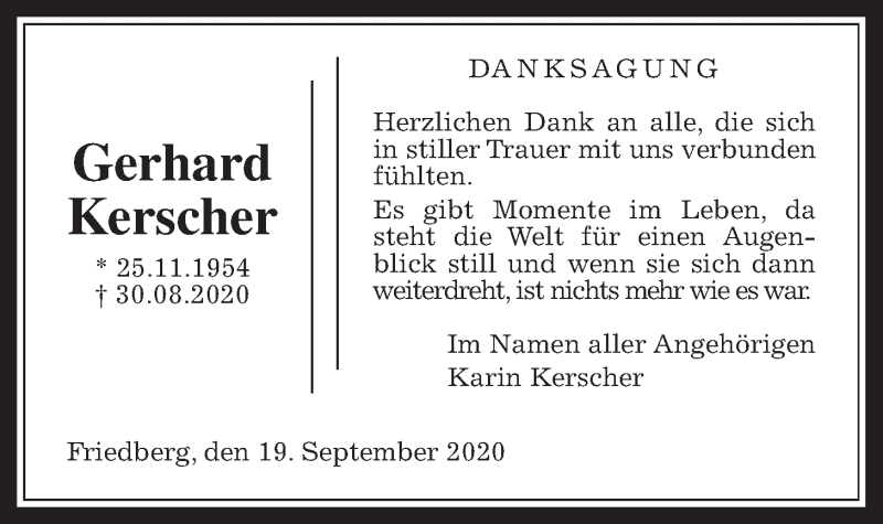  Traueranzeige für Gerhard Kerscher vom 19.09.2020 aus Wetterauer Zeitung