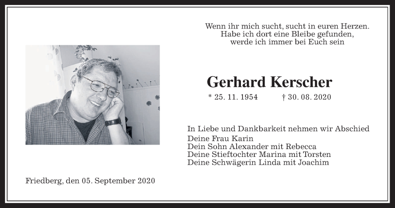  Traueranzeige für Gerhard Kerscher vom 05.09.2020 aus Wetterauer Zeitung
