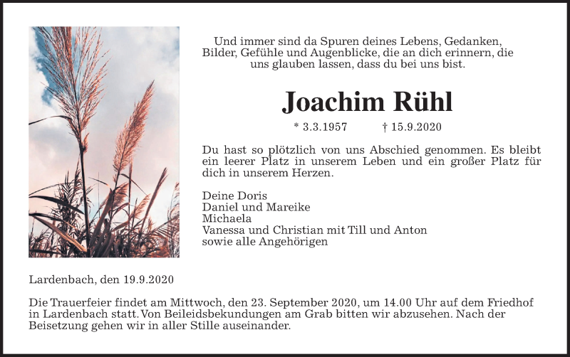  Traueranzeige für Joachim Rühl vom 21.09.2020 aus Giessener Allgemeine, Alsfelder Allgemeine