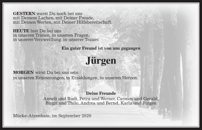  Traueranzeige für Jürgen Seng vom 26.09.2020 aus Giessener Allgemeine, Alsfelder Allgemeine
