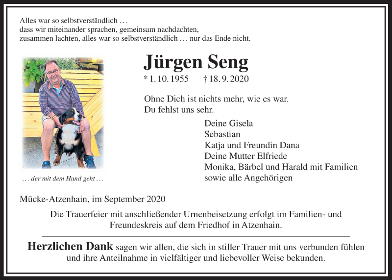  Traueranzeige für Jürgen Seng vom 26.09.2020 aus Giessener Allgemeine, Alsfelder Allgemeine