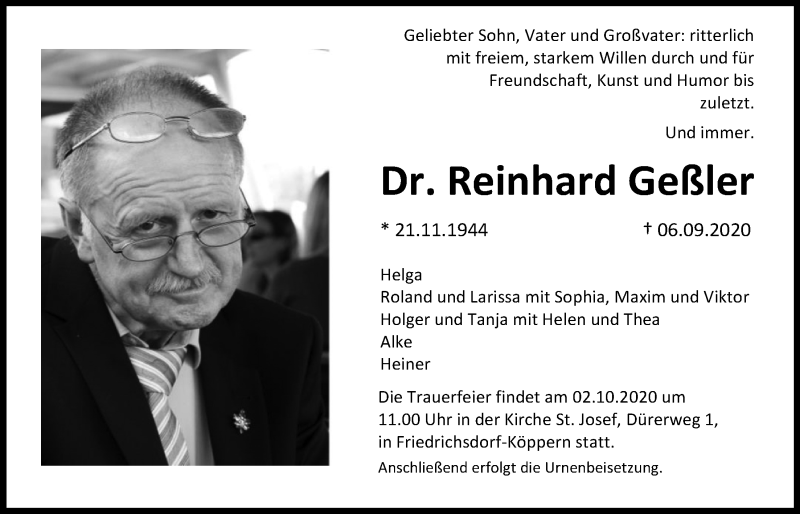  Traueranzeige für Reinhard Geßler vom 26.09.2020 aus Wetterauer Zeitung