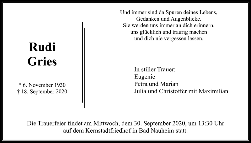  Traueranzeige für Rudi Gries vom 26.09.2020 aus Wetterauer Zeitung
