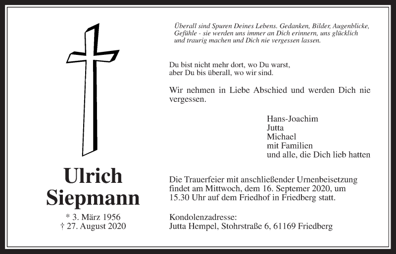  Traueranzeige für Ulrich Siepmann vom 12.09.2020 aus Wetterauer Zeitung