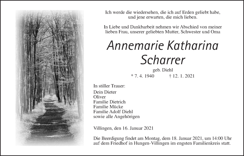  Traueranzeige für Annemarie Katharina Scharrer vom 16.01.2021 aus Giessener Allgemeine, Alsfelder Allgemeine