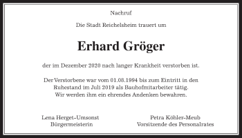 Traueranzeige von Erhard Gröger von Wetterauer Zeitung