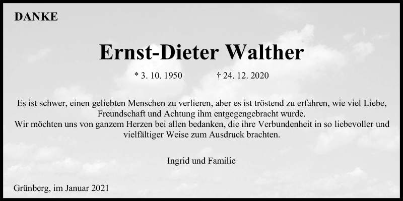  Traueranzeige für Ernst-Dieter Walther vom 23.01.2021 aus Giessener Allgemeine, Alsfelder Allgemeine