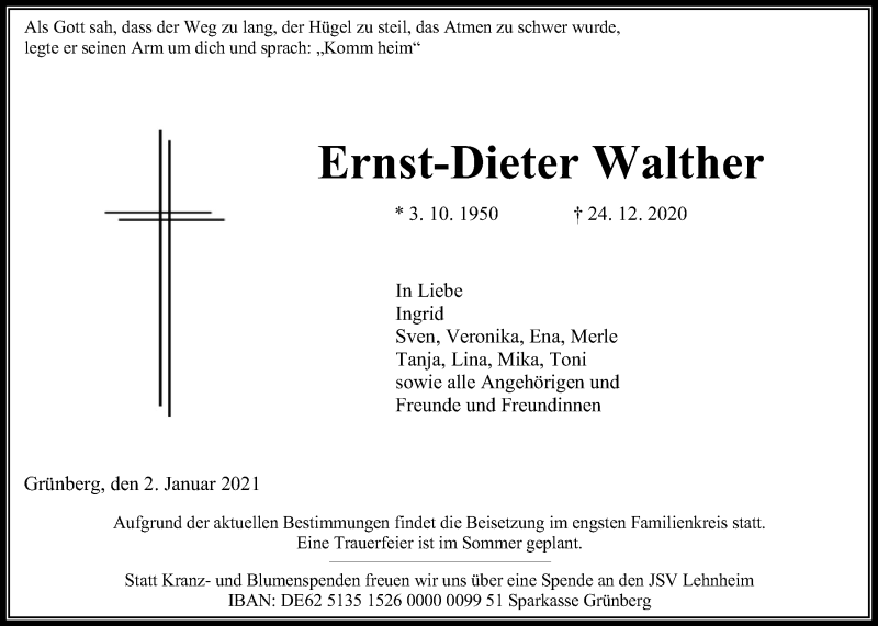  Traueranzeige für Ernst-Dieter Walther vom 02.01.2021 aus Giessener Allgemeine, Alsfelder Allgemeine
