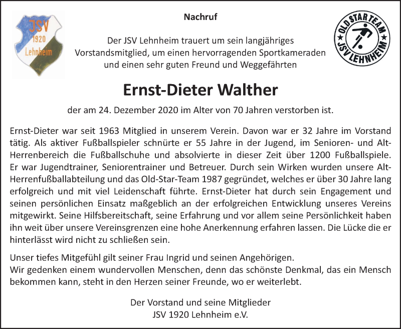  Traueranzeige für Ernst-Dieter Walther vom 14.01.2021 aus Giessener Allgemeine, Alsfelder Allgemeine