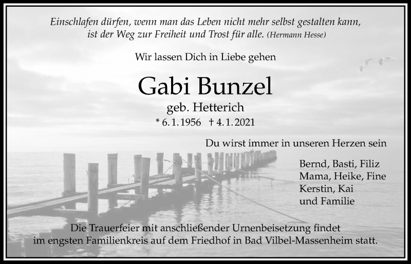  Traueranzeige für Gabi Bunzel vom 14.01.2021 aus Bad Vilbel/Karben