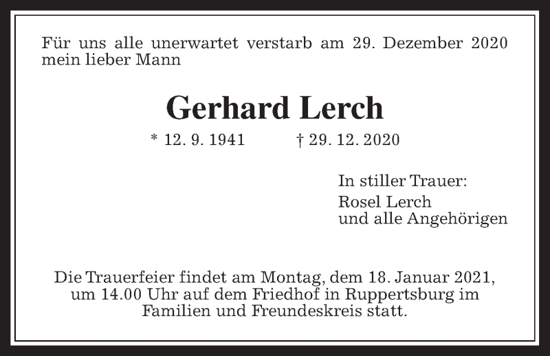  Traueranzeige für Gerhard Lerch vom 13.01.2021 aus Laubacher Anzeiger