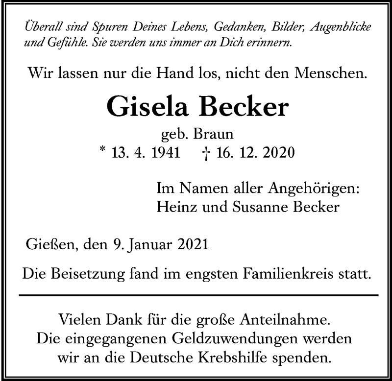  Traueranzeige für Gisela Becker vom 09.01.2021 aus Giessener Allgemeine, Alsfelder Allgemeine
