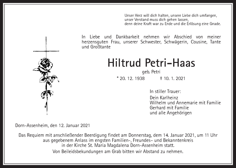  Traueranzeige für Hiltrud Petri-Haas vom 12.01.2021 aus Wetterauer Zeitung