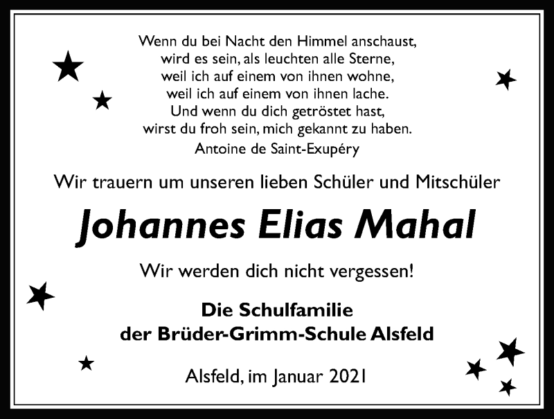  Traueranzeige für Johannes Elias Mahal vom 21.01.2021 aus Alsfelder Allgemeine