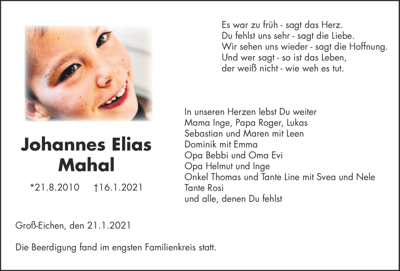  Traueranzeige für Johannes Elias Mahal vom 21.01.2021 aus Alsfelder Allgemeine, Mücker Stimme