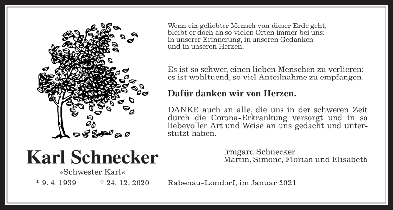  Traueranzeige für Karl Schnecker vom 28.01.2021 aus Giessener Allgemeine, Alsfelder Allgemeine