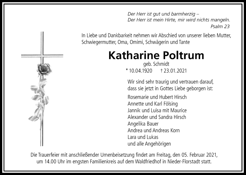  Traueranzeige für Katharine Poltrum vom 30.01.2021 aus Wetterauer Zeitung