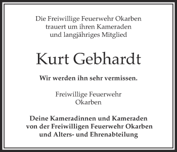 Traueranzeige von Kurt Gebhardt von Bad Vilbel/Karben