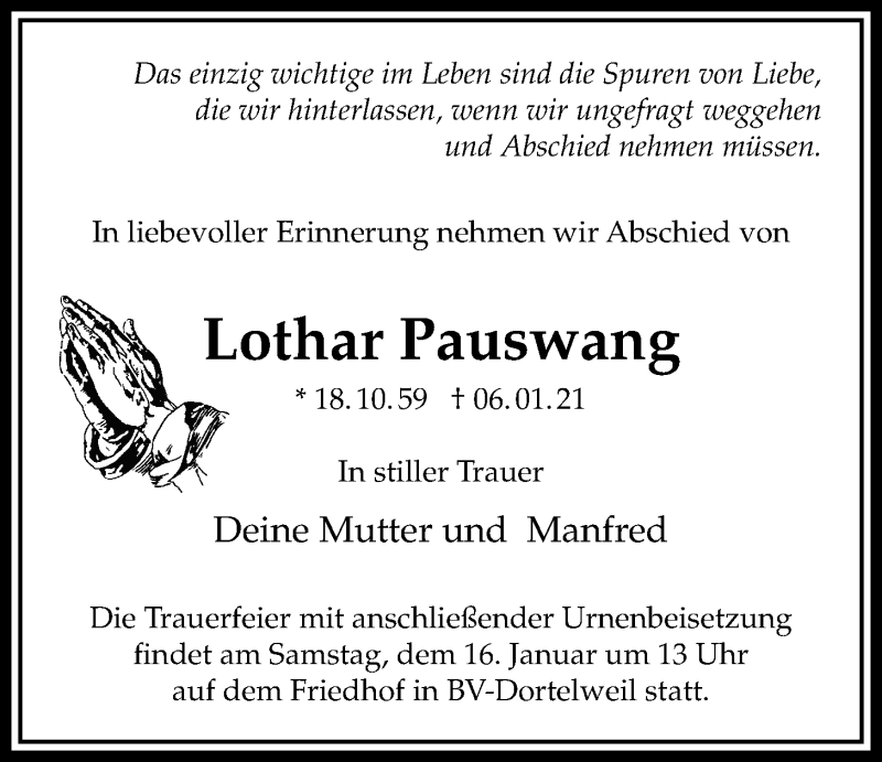  Traueranzeige für Lothar Pauswang vom 14.01.2021 aus Bad Vilbel/Karben