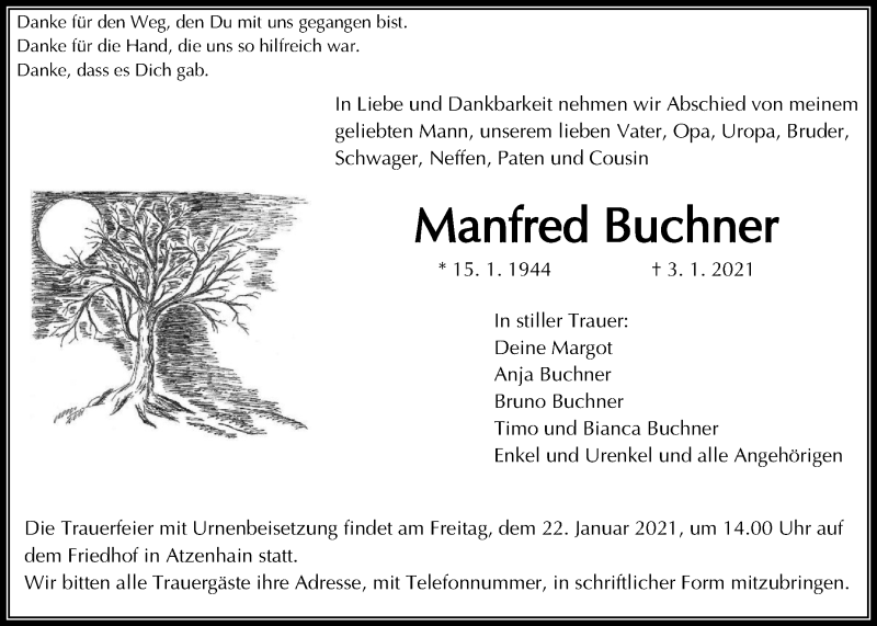  Traueranzeige für Manfred Buchner vom 16.01.2021 aus Giessener Allgemeine, Alsfelder Allgemeine