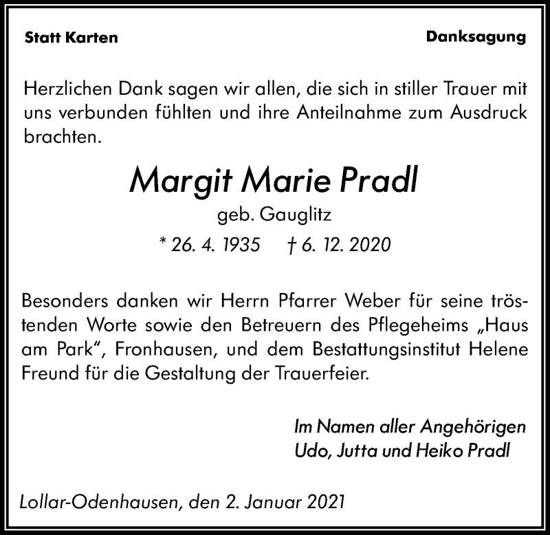  Traueranzeige für Margit Marie Pradl vom 02.01.2021 aus Giessener Allgemeine, Alsfelder Allgemeine