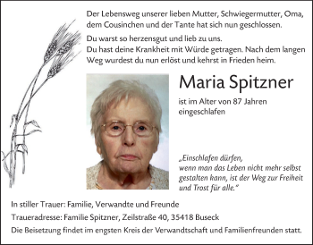 Traueranzeige von Maria Spitzner von Giessener Allgemeine, Alsfelder Allgemeine