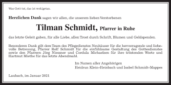 Traueranzeige von Tilman Schmidt von Giessener Allgemeine, Alsfelder Allgemeine