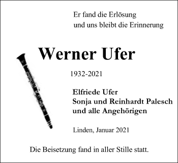 Traueranzeige von Werner Ufer von Giessener Allgemeine, Alsfelder Allgemeine