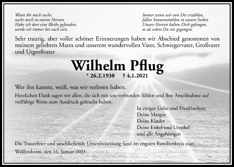  Traueranzeige für Wilhelm Pflug vom 16.01.2021 aus Wetterauer Zeitung
