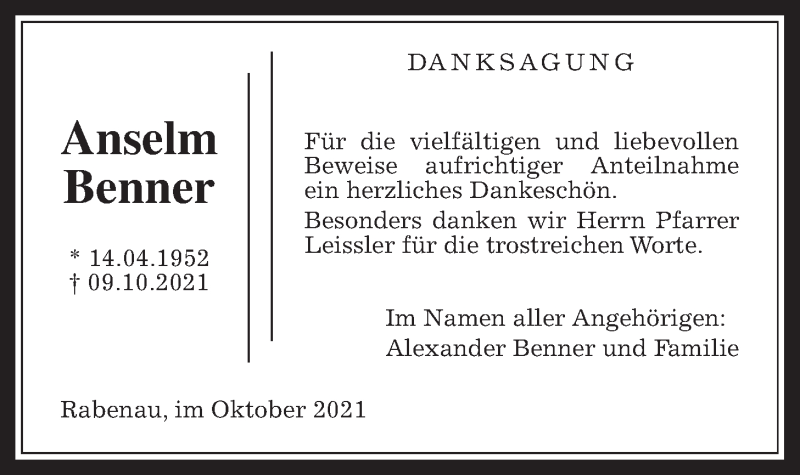  Traueranzeige für Anselm Benner vom 28.10.2021 aus Rabenauer Zeitung