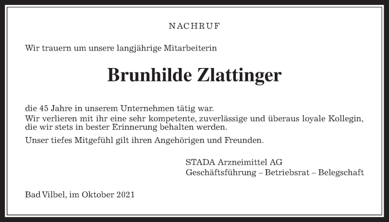 Traueranzeige für Brunhilde Zlattinger vom 09.10.2021 aus Wetterauer Zeitung