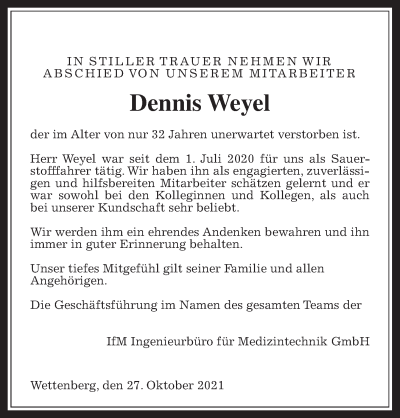  Traueranzeige für Dennis Weyel vom 27.10.2021 aus Giessener Allgemeine, Alsfelder Allgemeine