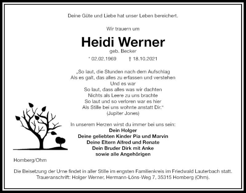  Traueranzeige für Heidi Werner vom 23.10.2021 aus Alsfelder Allgemeine