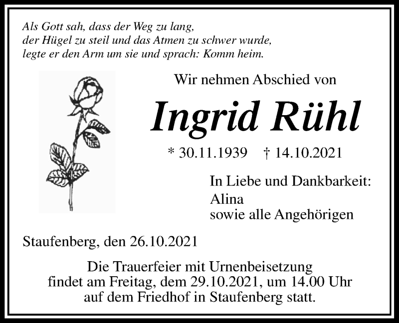  Traueranzeige für Ingrid Rühl vom 26.10.2021 aus Giessener Allgemeine, Alsfelder Allgemeine