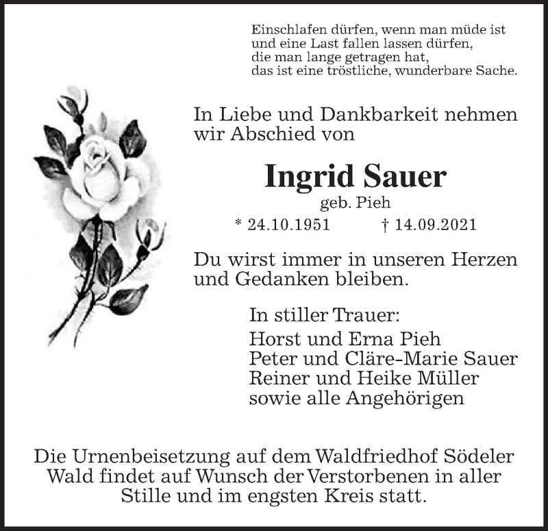  Traueranzeige für Ingrid Sauer vom 09.10.2021 aus Wetterauer Zeitung