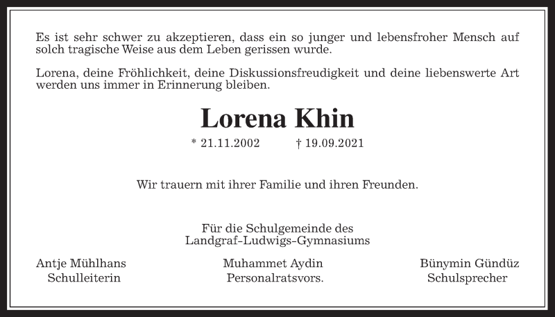  Traueranzeige für Lorena Khin vom 02.10.2021 aus Giessener Allgemeine, Alsfelder Allgemeine